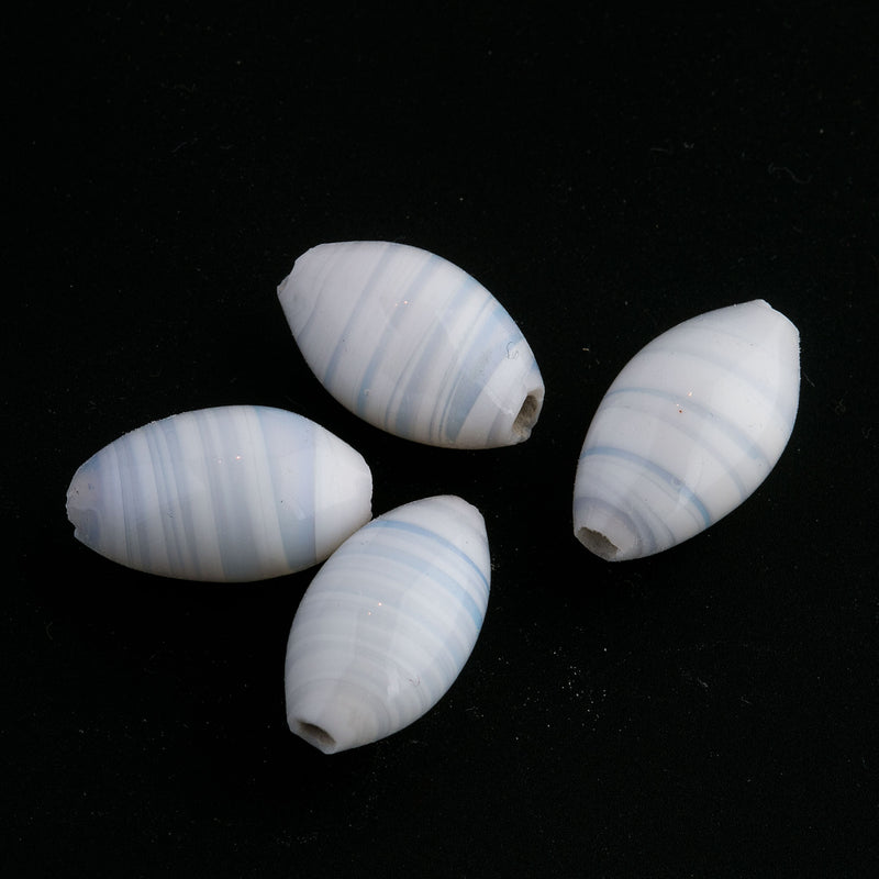 Vintage Japanese Lampwork White Glass Oval Shaped Beads with Transparent Striations. Handmade. 1950s. 18x10mm.  Pkg. of 4. 