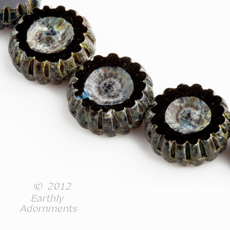 Contemporary black glass coin bead Czech. 12x5mm. Package of 10.