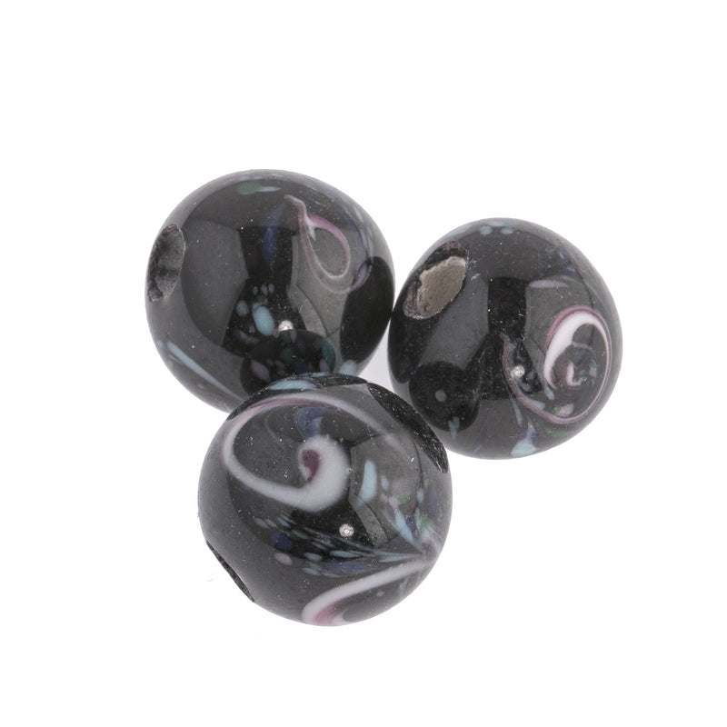 Vintage black millefiori lampwork glass round beads. 1960's. India. 16mm. Pkg1.