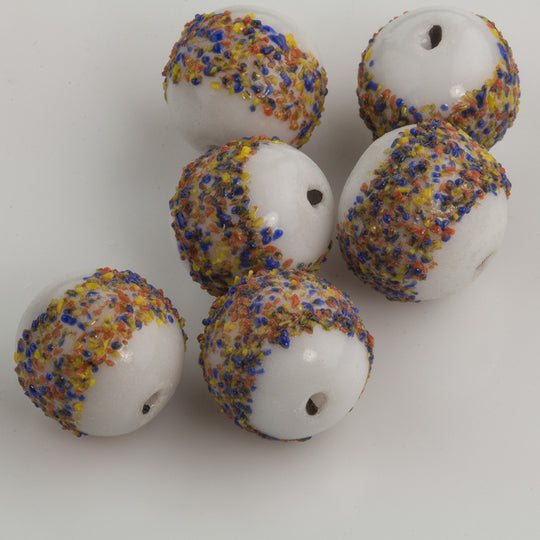 Vintage German White with Multi Color Glass Sugar Beads 10mm pkg of 5. B11-BW-0341