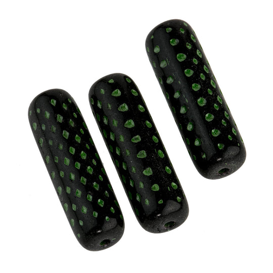 Vintage black glass cylinders with green dot decor Czechoslovakia. 24x7mm Pkg of 1. b11-bw-0809(e)
