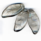 Smoky Grey Transparent Glasss Leaf Pendant Beads. 20x6mm. Pkg 6. b11-bw-0819