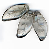 Vintage smoky grey transparent leaf glass pendant beads.  20x6mm. Pkg of 6.