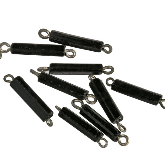 Jet Black Glass Bugle Beads on wire, silver colored.  8mm x1.5mm. Pkg 20. b11-bw-0824