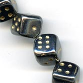 Hematite glass dice beads with gold decor. 8mm. Pkg of 10. 