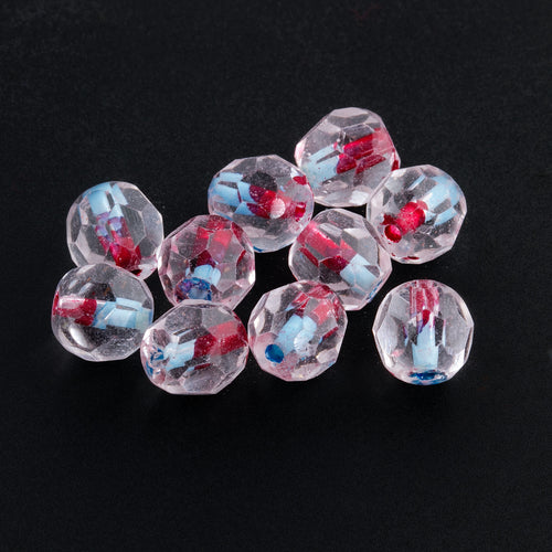 Vintage 1930s West German Clear Crystal Fire-Faceted Glass Rounds with Red and Turquoise Core. 7mm.  Pkg. of 10. 