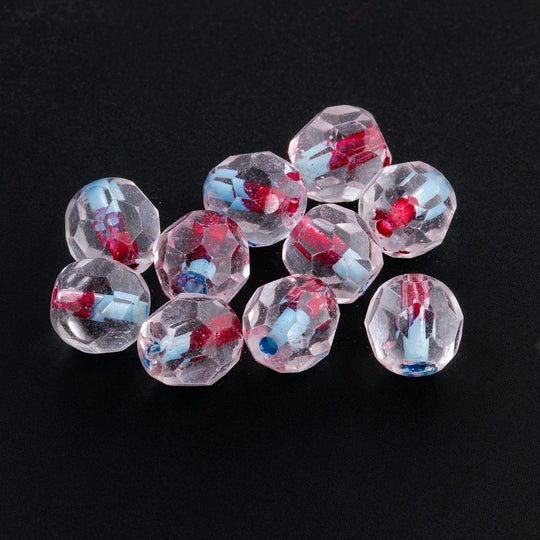 Vintage 1930s West German Clear Crystal Fire-Faceted Glass Rounds with Red and Turquoise Core. 7mm.  Pkg. of 10. b11-cr-0418