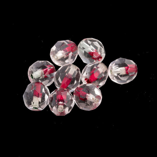 Vintage Pre-WWII German Machine-Cut Faceted Crystal Rounds.  Clear with Red and Green core. 7mm. Pkg of 10. b11-cr-0420