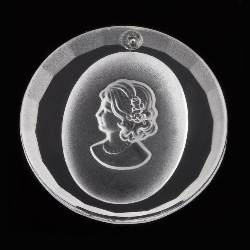 Vintage clear and frosted glass beveled cameo pendant. Western Germany. 32mm diameter. 1 pc.