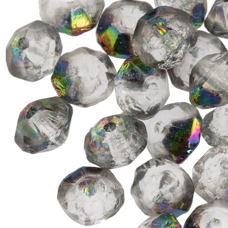 Vintage West German clear faceted bicone with vitrail finish. 6mm. Pkg of 20.