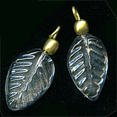Vintage clear pressed glass leaf pendant with brass bead and wire loop. India. 15x10mm. Pkg of 4