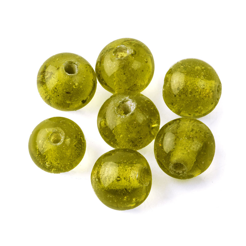 Vintage Chinese translucent olive green Peking Glass beads 8-9mm. Pkg. of 10.