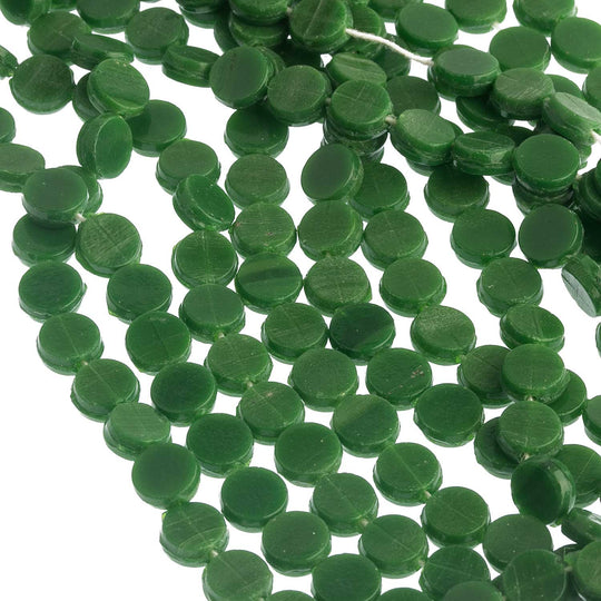 Antique Bohemian opaque green glass nailhead sequin beads 5mm. Strand of 22-23. B11-GR-0595