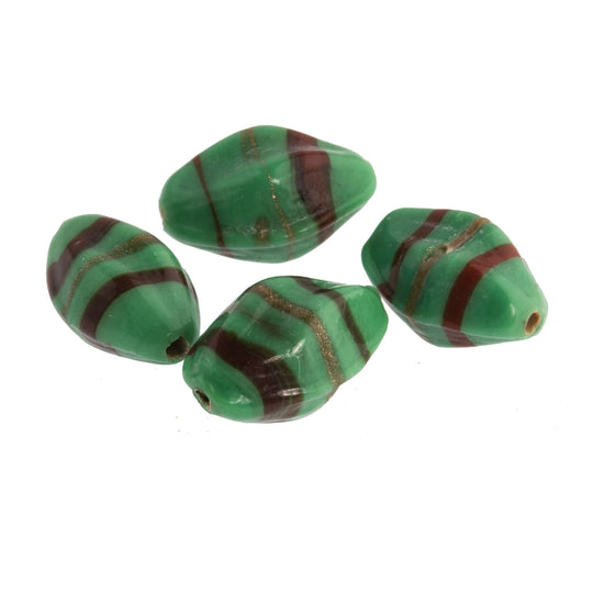 Pinched Oval Opaque Green Glass Beads, red, aventurina stripes. India. . Pkg 4. b11-gr-0620
