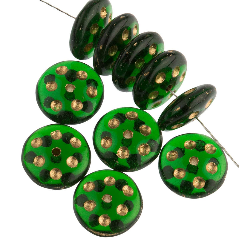Vintage rondelles with gold dots. 10mm. Pkg of 25.