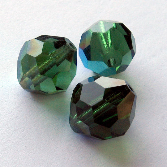 Faceted Bead, West German tin cut, pine green with AB,  12x10mm. Pkg of 2. B11-GR-0701