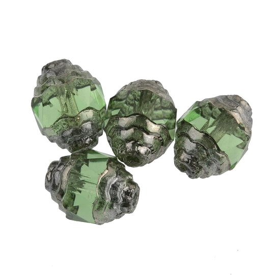 Czech 10 x 8mm green faceted glass oval with silvered circular edges. Pkg. of 4. b11-gr-0748