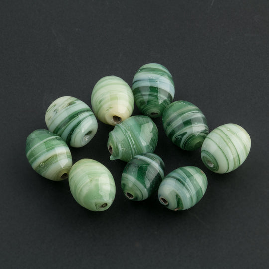Vintage Japanese Oval Wire-Wound Glass Beads.  Varied Green Shades. 1960s. 7.5X6mm. Package of 10. b11-gr-0805