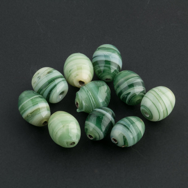 Vintage Japanese Oval Wire-Wound Glass Beads.  Varied Green Shades. 1960s. 6x9mm. Package of 10.
