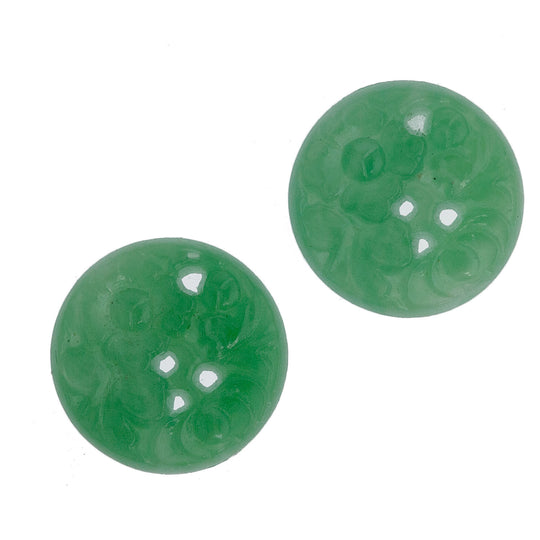 'Jade Glass' Floral Cabochon, disk, molded, pierced. Japan. 13mm. Pkg of 2. b11-gr-0953