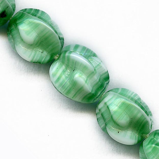 Vintage peachpit green and white rounds Czechoslovakia 9x8mm pkg of 10. b11-gr-0985(e)