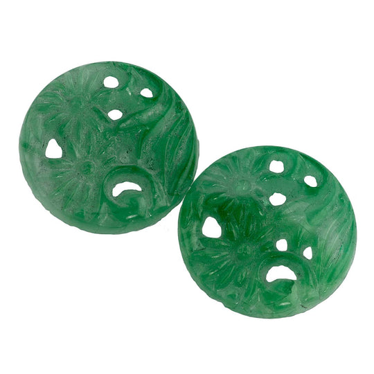 'Jade Glass' Floral Cabochon, disk, molded, pierced. Japan. 16mm. Pkg of 2. b11-gr-0993