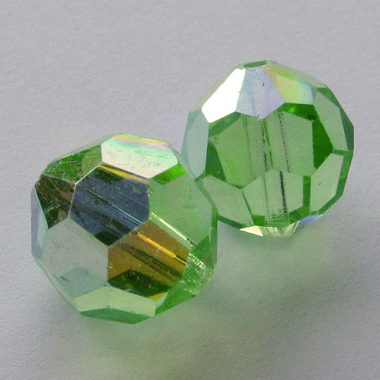Vintage Czech tin-cut peridot green AB faceted rounds, 15x14mm pkg of 2. b11-gr-1006(e)