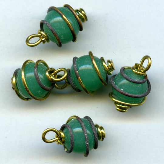 Green Glass Round Bead on spiral brass wrapped wire. 8mm. Pkg 4. b11-gr-1008