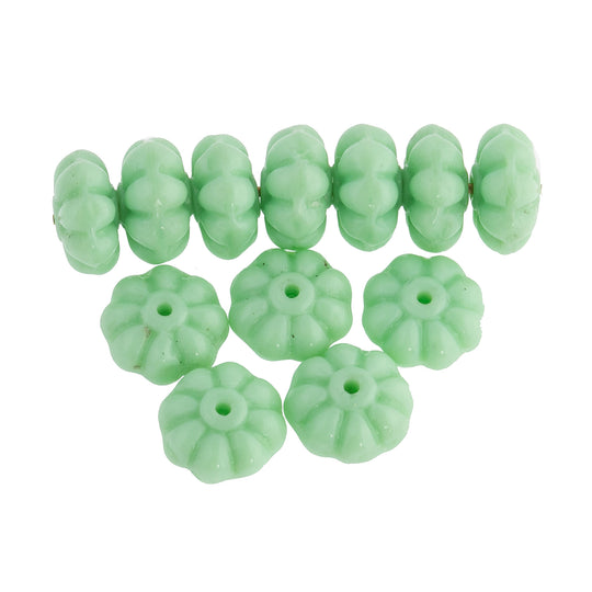 Vintage opaque mint green fluted flower rondelles10x5mm, Japan, Pkg of 12. b11-gr-1027(e)