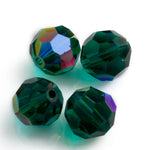 Vintage West German Machine Cut Faceted Emerald Green Glass Rounds with partial AB finish. 10mm.  8pcs.