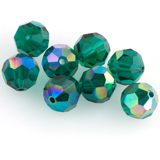 Vintage West German Machine Cut Faceted Emerald Green Glass Rounds with partial AB finish. 10mm.  8pcs. b11-gr-1188