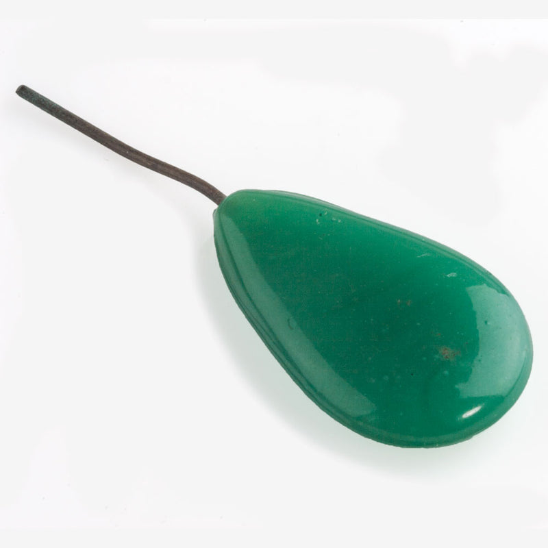 Vintage jade green glass flat teardrop pendant with embedded wire, average 30x22x7mm.