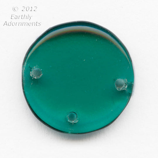 Teal Green Glass Disk Pendant, 3 Holes. 18mm. West German. Pkg 4. B11-gr-2008