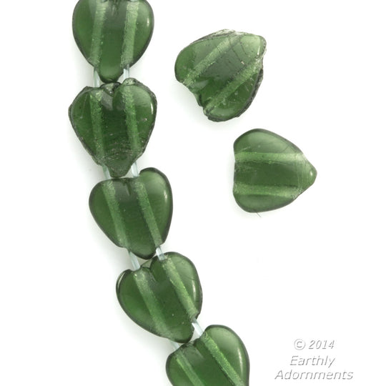 Vintage 1920s Czech 2 hole green glass hearts. 9x8mm Package of 12. b11-gr-2034