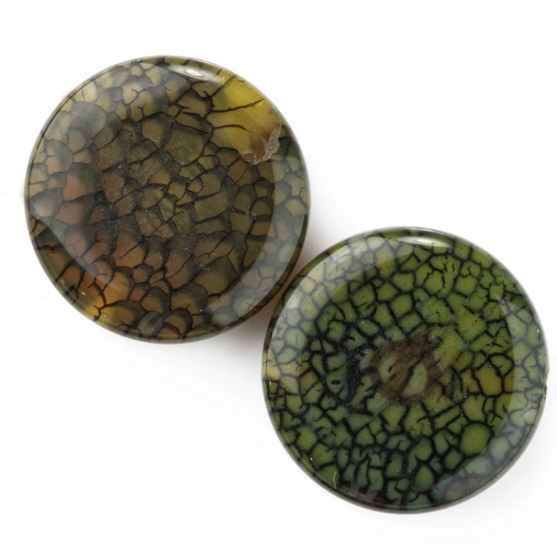 Vintage faux agate glass disks in olive green. 24x24x12mm. Pkg of 2,