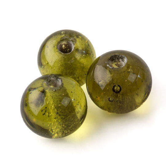 Antique Chinese translucent olive green Peking Glass beads 9-10 x 11mm. Pkg. of 4. b11-gr-2047
