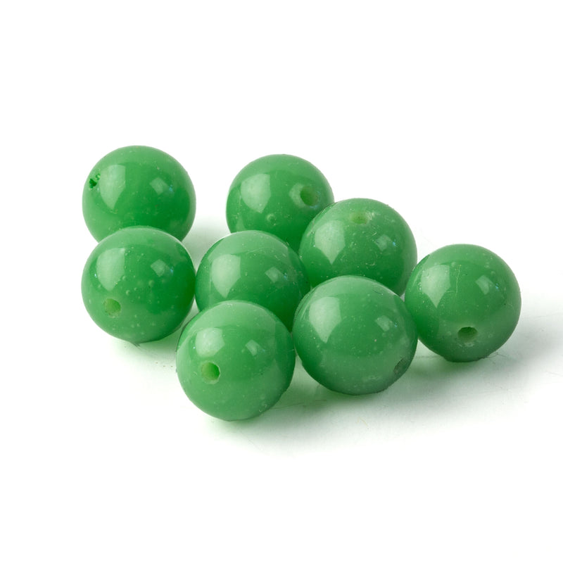 Vintage Chinese hand made jade green glass beads. 9-10mm. Pkg.10.  1950s. 