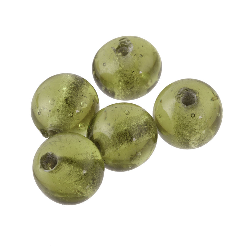 Vintage Chinese translucent olive green Peking Glass beads 10-11.5mm.  Pkg. of 10.
