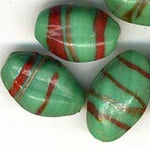 Vintage Opaque Green Glass Pinched Ovals with Red and Aventurine Stripes. India. 13-15mm. Pkg of 4. 