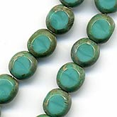 Turquoise Picasso-finish glass window beads. 8mm. Package of 6.