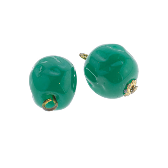 Green Glass Nugget Beads on brass wire. 11x10mm. Pkg 4. b11-gr-0948