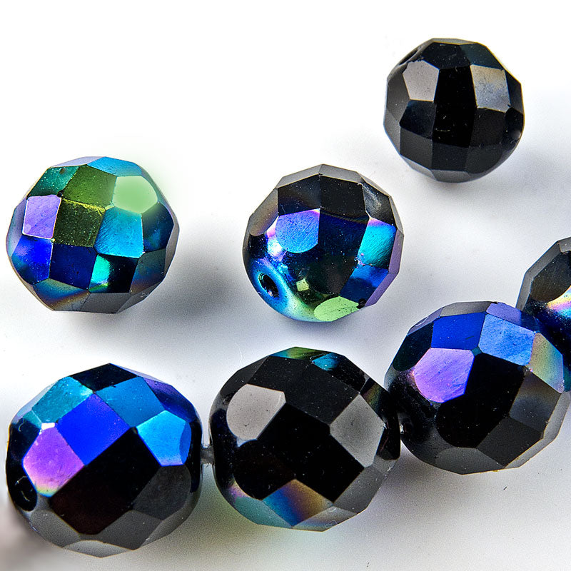 Vintage faceted jet glass round with partial AB finish, Czechoslovakia,12mm. Pkg. of 5.