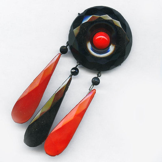 Art Deco red & black glass pendants with black enamel wire. 35mmx90mm Sold individually. b11-mi-0142