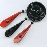 Art Deco red & black glass pendants with black enamel wire. 35mmx90mm Sold individually.