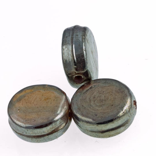 Vintage cognac color glass flat disk bead with vitrail coat, India, 19x8mm pkg of 4. b11-mi-0148(e)
