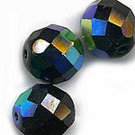 Vintage faceted jet glass round with partial AB finish, Czechoslovakia,12mm. Pkg. of 5.