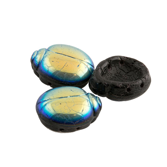 2-hole black glass scarab with iridescent Aurora Borealis crackle finish . 20x16x9mm. Pkg of 1. b11-mi-1190-2