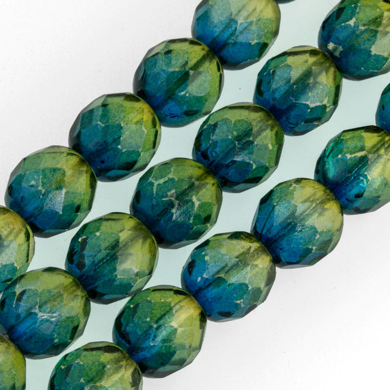 Fire polished 10mm two-tone faceted glass rounds. Pkg. 10