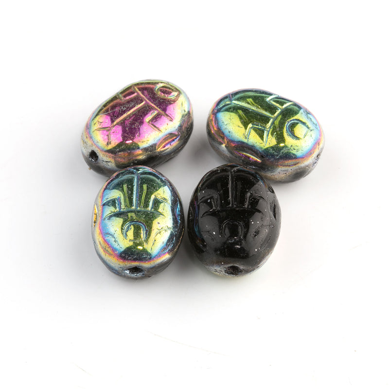 Czech black vitrail glass scarab bead. 10x7mm. Package of 6.