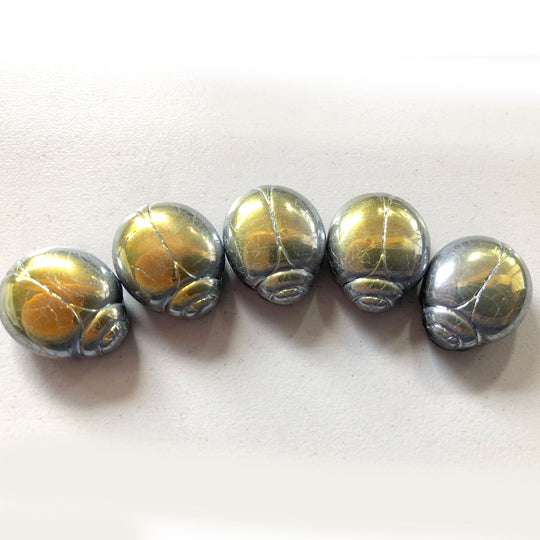 2-hole glass scarab bead with iridescent Marea crackle finish.  20x16x8mm. Pkg. 1.  b11-mi-2072
